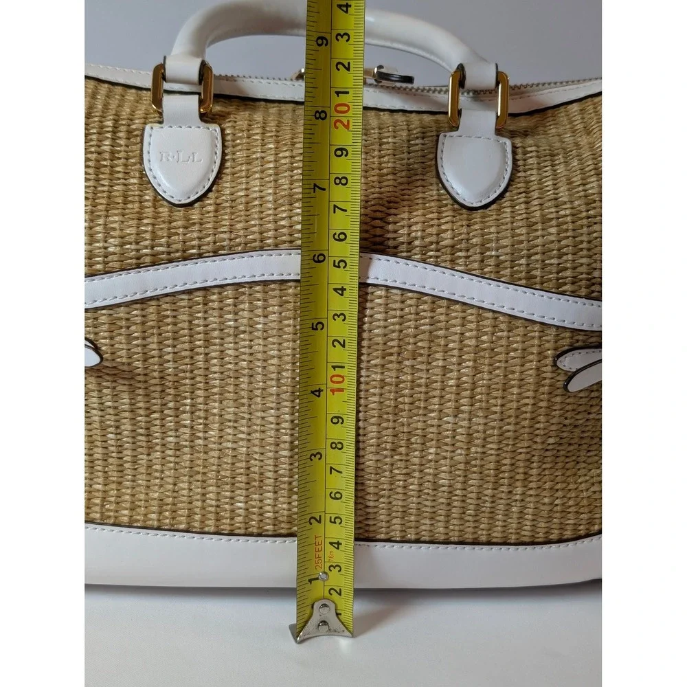 Lauren Ralph Lauren Straw Woven Satchel Bag White Leather Trim Gold Hardware